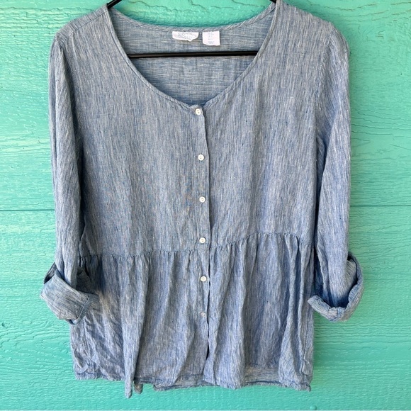 SIGRID OLSEN LINEN PEPLUM PINSTRIPE BUTTON DOWN TOP SIZE SMALL EUC - Picture 7 of 8